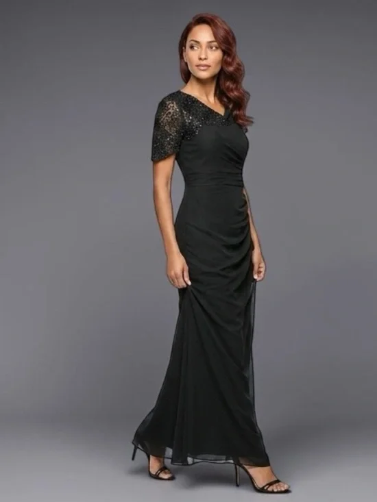 One Shoulder Mother of the Bride Formal Mermaid Dress Black Satin Wedding Guest - Picture 4 of 11